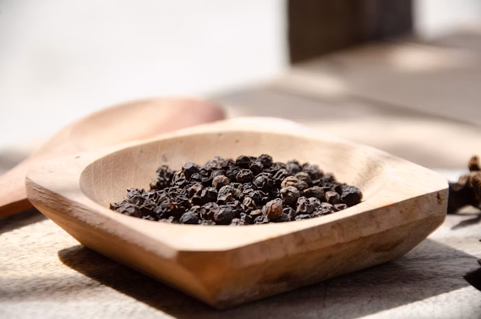 Whole black peppercorns in a wooden bowl